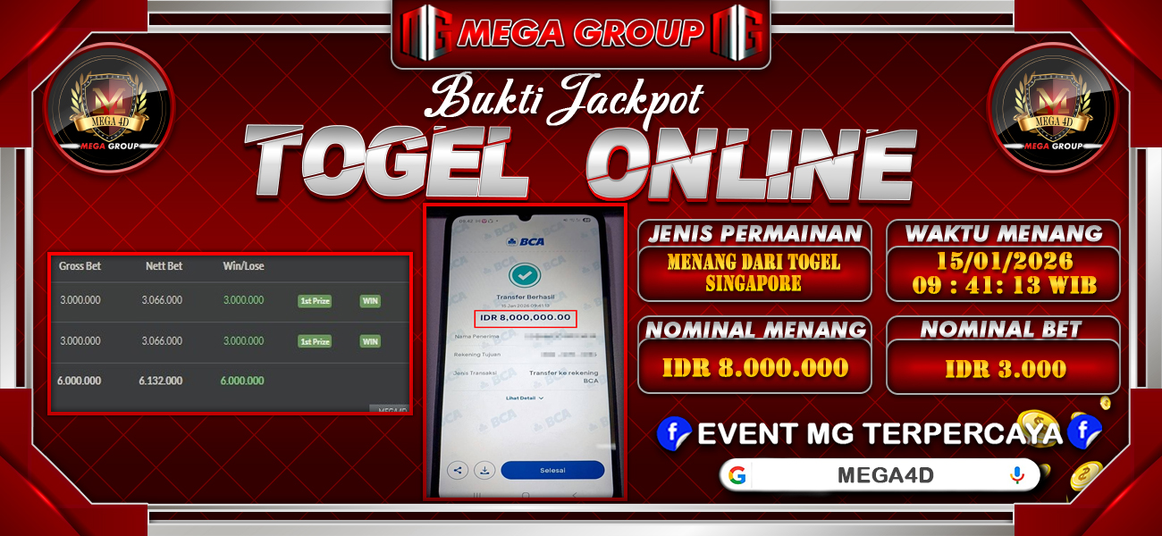 Bukti JP situs Mega4D hari Kamis, 15 Januari 2026